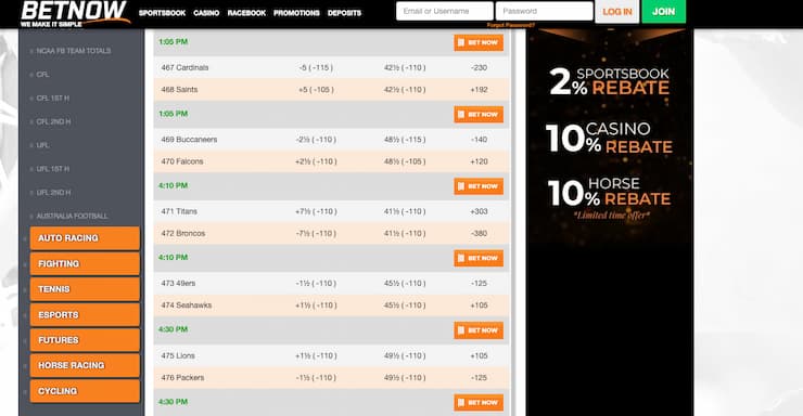 A snapshot of BetNow, one of our top rated New York sports betting sites.